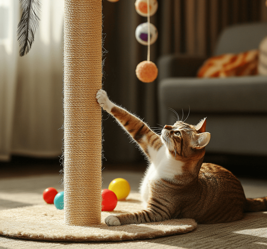 A modern cat scratching post and tree placed near a cozy chair. A Domestic Shorthair cat is stretching against the post while a few toys are scattered on the floor.
