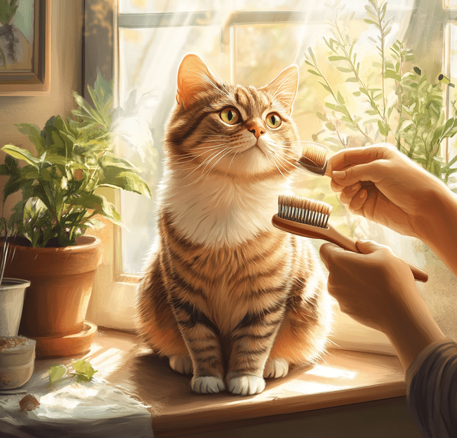 A person brushing a Domestic Shorthair cat using a soft-bristle brush. The cat looks relaxed and content, sitting on a sunny windowsill with plants in the background.
