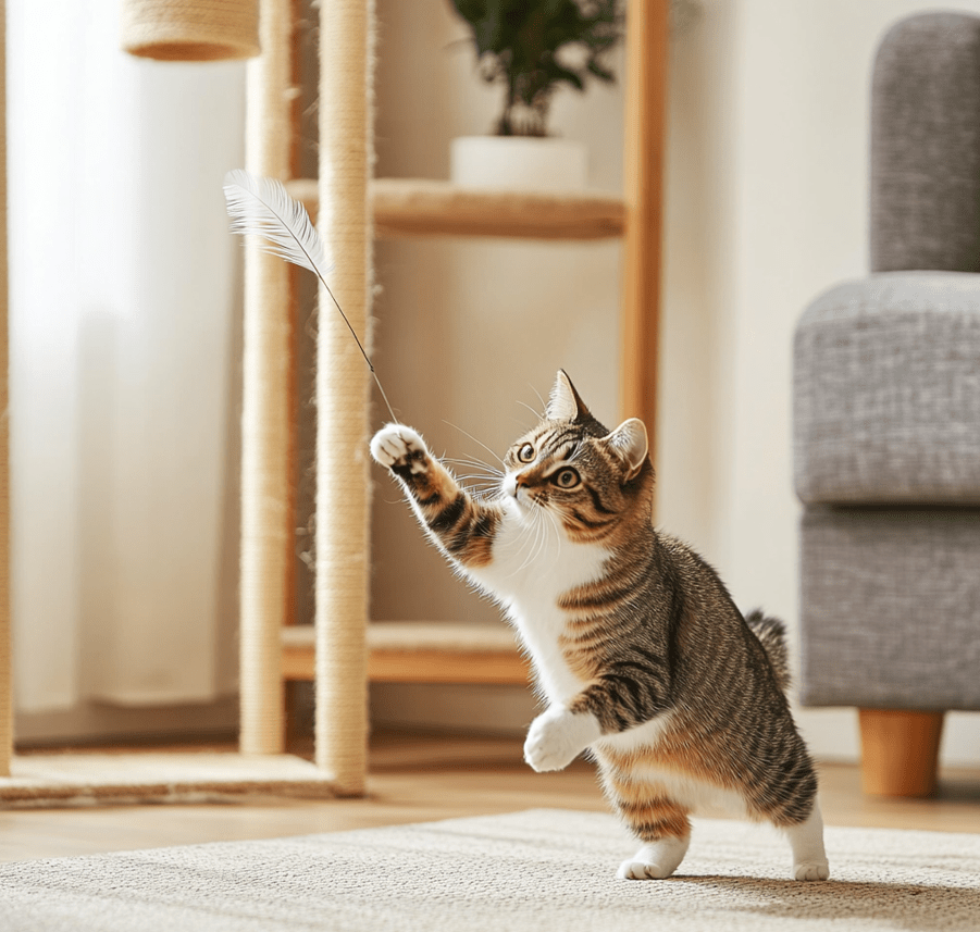 A Domestic Shorthair cat chasing a feather wand toy in a bright living room. The cat looks focused and playful, with a scratching tree and shelves visible in the background.
