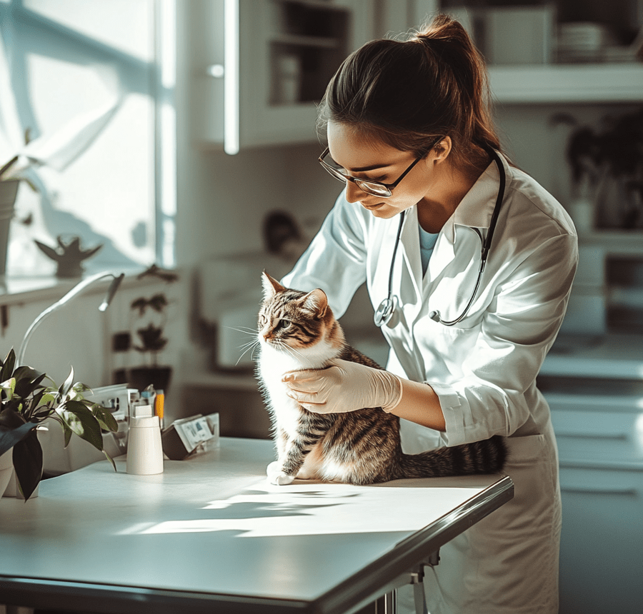 A veterinarian examining a Domestic Shorthair cat on a clean examination table in a modern clinic. The vet looks attentive, and the cat appears calm.
