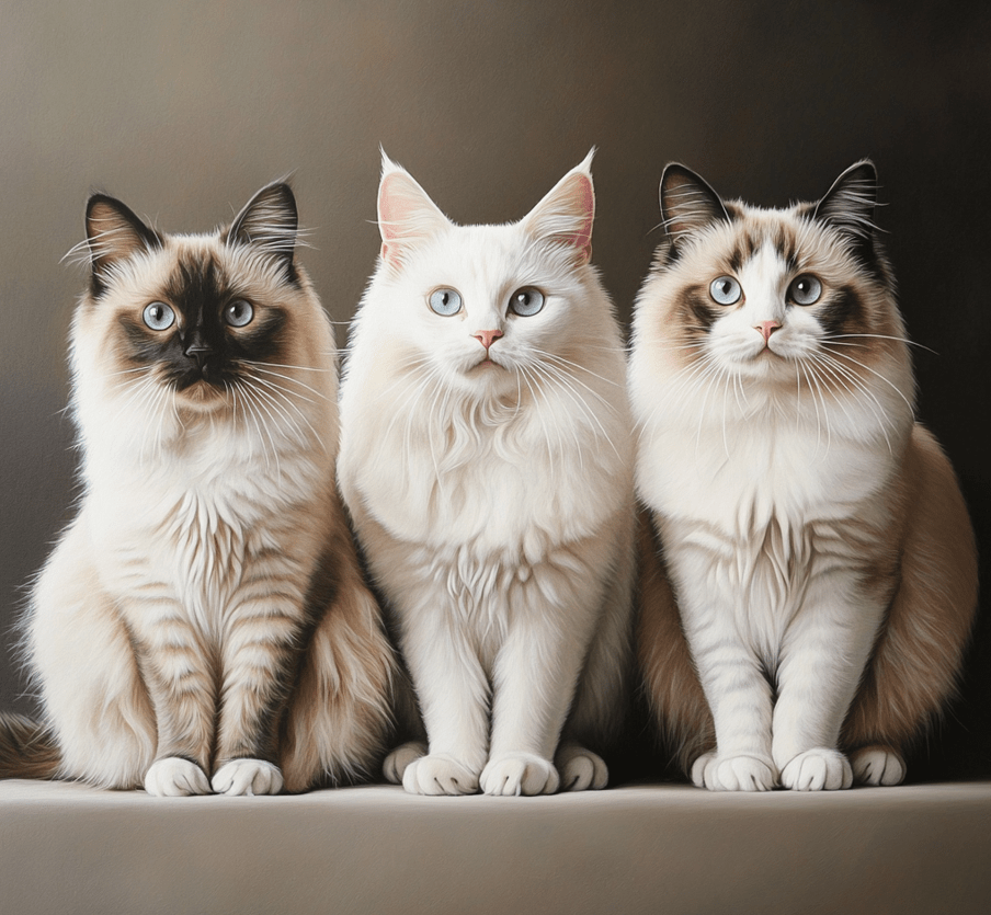 A comparison image showing three Ragdoll cats side by side: one bicolor, one colorpoint, and one mitted. Each cat showcases its unique pattern while sitting on a neutral background.
