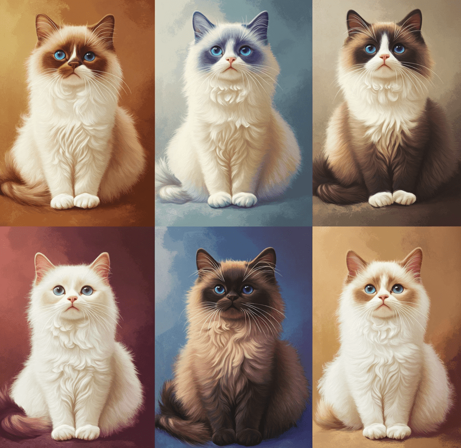 A collage of six Ragdoll cats, each representing a different color (Seal, Blue, Chocolate, Lilac, Flame, Cream). Each cat is posed naturally, with a subtle gradient background that complements their coat colors.
