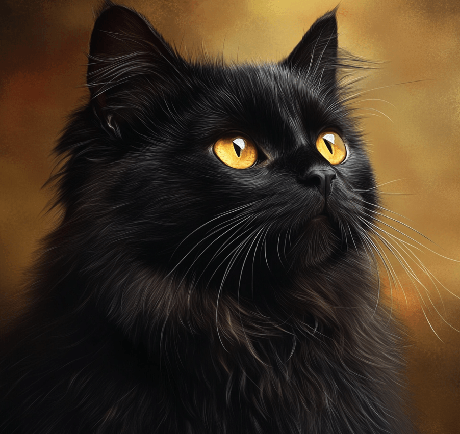 A close-up of a black Ragdoll cat with a sleek coat, showing its bright golden eyes and soft, plush fur. The background is softly blurred, focusing on the cat's unique features.
