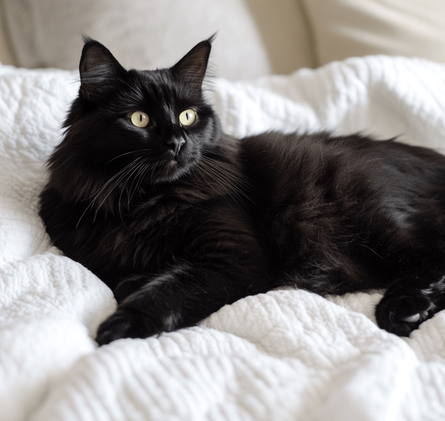 A full-body shot of a black Ragdoll cat lying on a white blanket, highlighting its large size, muscular build, and silky fur.
