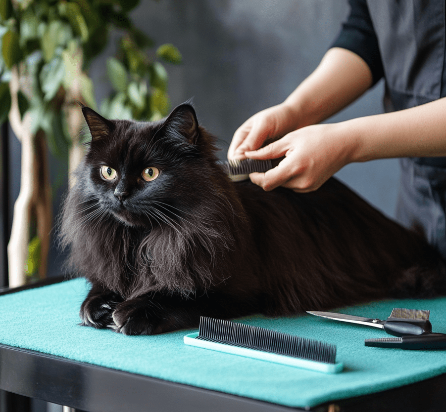 A person gently brushing a black Ragdoll cat, with the cat sitting calmly on a grooming table. The setting includes grooming tools neatly arranged nearby.
