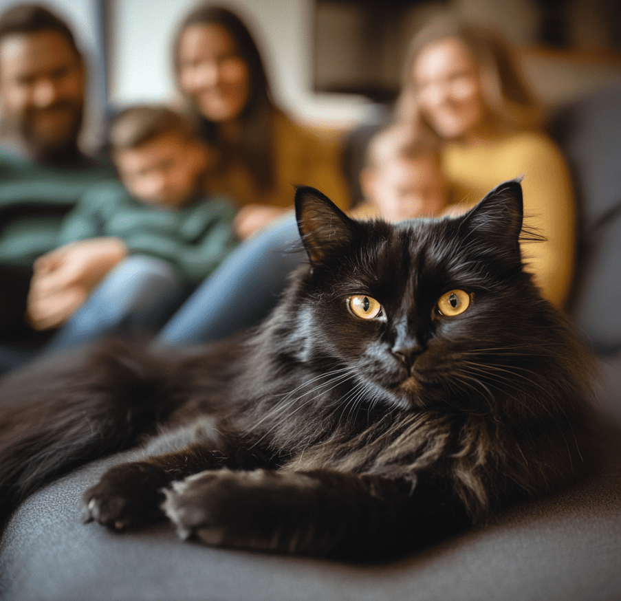 A happy family sitting in a living room with a black Ragdoll cat lounging on a sofa, showing its calm and affectionate nature.
