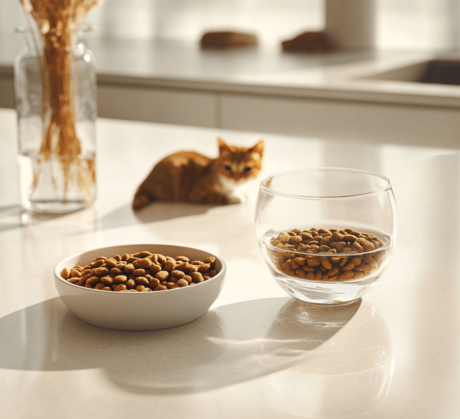 A bowl of high-quality dry cat food with a few pieces of wet food in a separate dish. A glass of water sits beside them on a clean white kitchen countertop.
