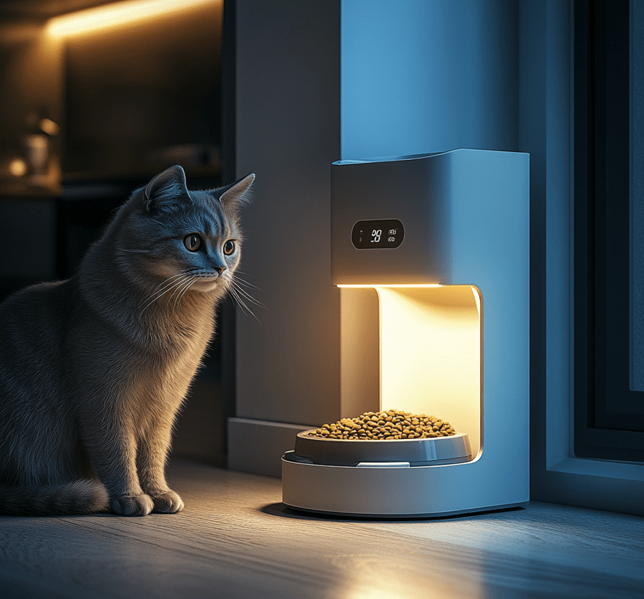 A digital pet feeder dispensing food into a bowl, with a Domestic Shorthair cat curiously watching. The feeder looks modern and sleek.
