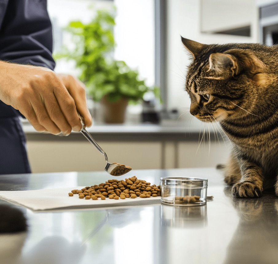 A veterinarian using a measuring scoop to portion cat food while a Domestic Shorthair cat sits on the counter observing.
