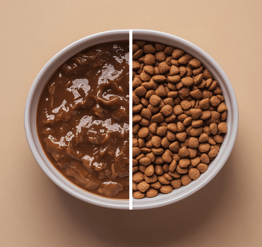 A split-screen image showcasing wet food in a shiny bowl on one side and dry kibble in another bowl on the other side. Both bowls are placed on a table with a neutral background.
