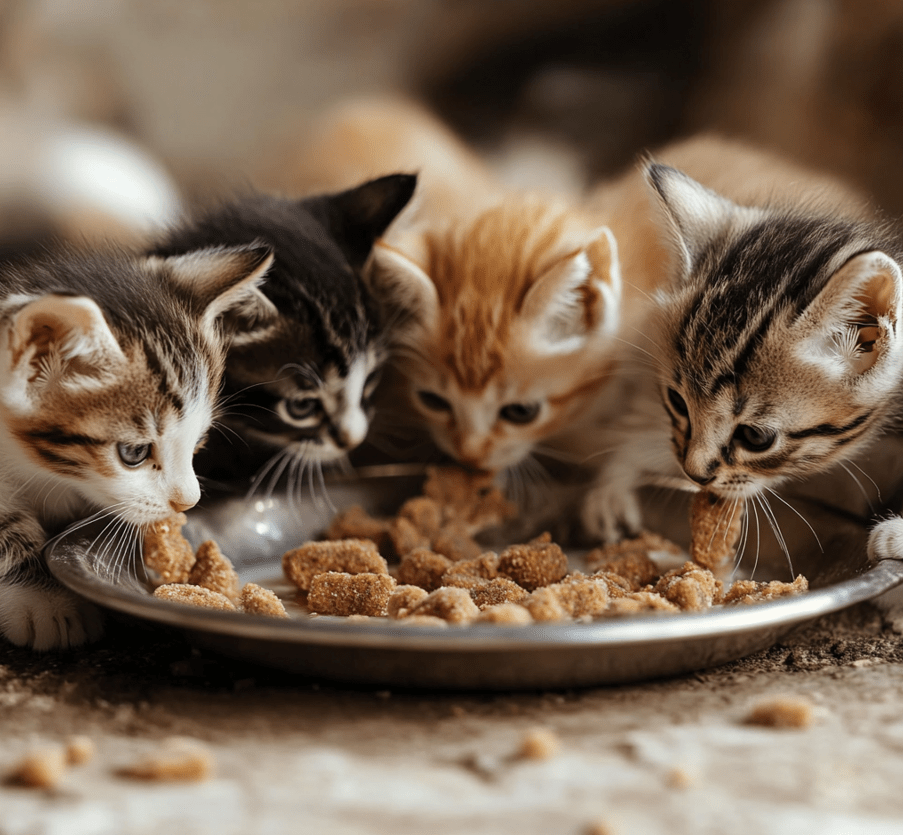 A litter of kittens eating wet food mixed with milk replacement formula from a shallow dish. One kitten is curiously licking the dish while others watch.
