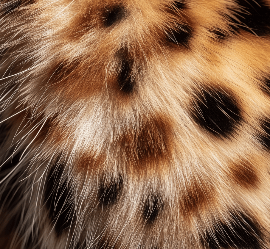 A Bengal mix cat’s fur in close-up, highlighting the dense texture, ticked fur, and intricate patterns such as spots or marbled rosettes.
