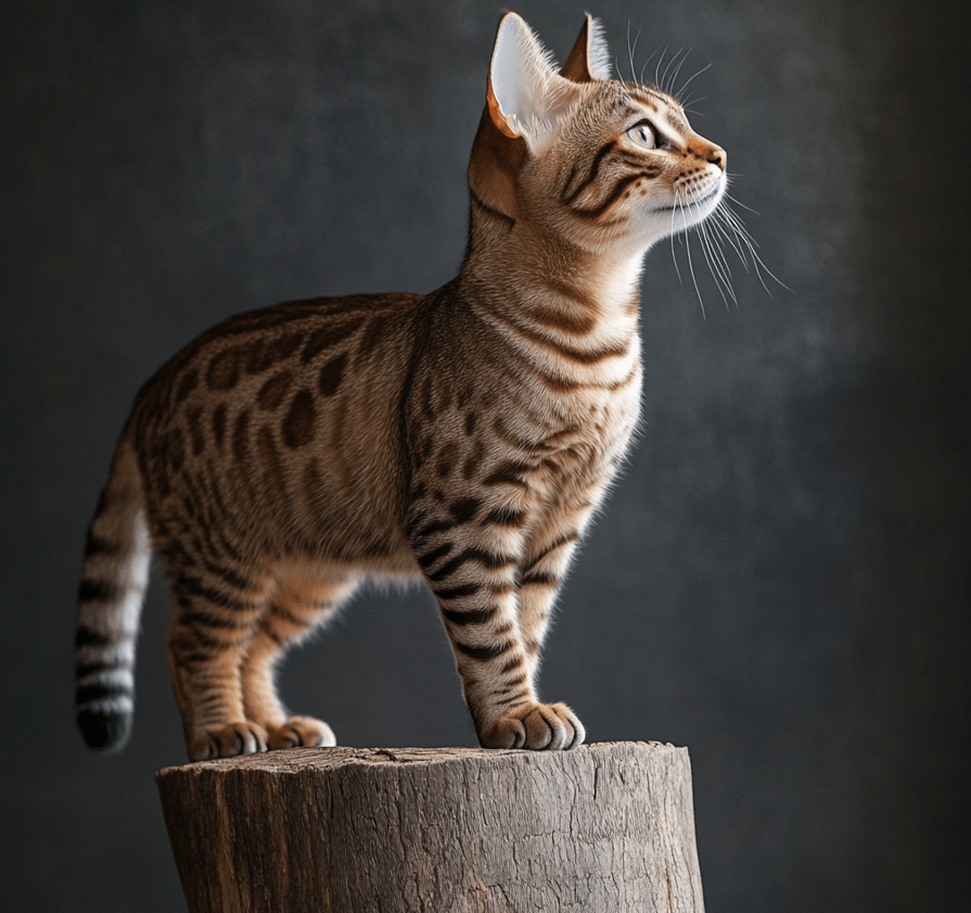 A side view of a Bengal mix cat standing on a perch, showing its slender, muscular body and longer hind legs.
