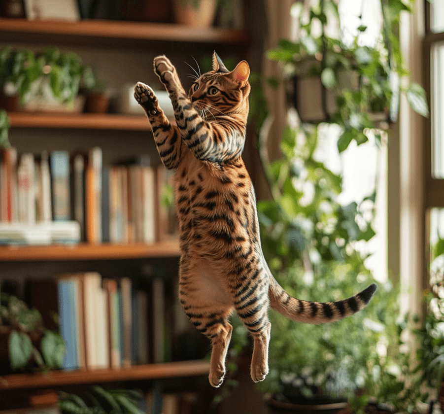 A Bengal mix cat mid-air, leaping onto a high shelf with a graceful and powerful motion.