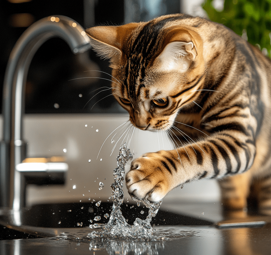 A Bengal mix cat playfully splashing water from a running tap, with droplets of water scattering in the sink.
