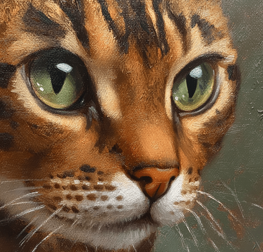 A close-up of a Bengal mix cat’s face, highlighting the “M” marking on its forehead and thumbprint-like markings on its ears.
