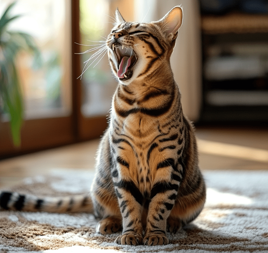 A Bengal mix cat sitting with its mouth open as if meowing or chirping, appearing expressive and animated.
