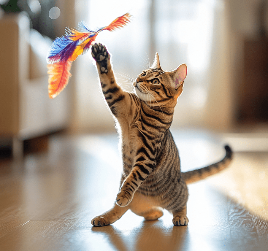 A Bengal mix cat energetically playing with a feather toy in a brightly lit room.
