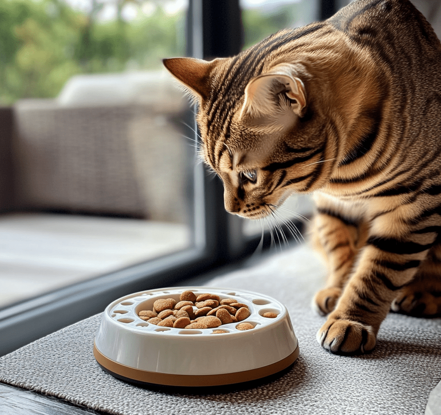 A Bengal mix cat interacting with a puzzle feeder, trying to retrieve treats.
