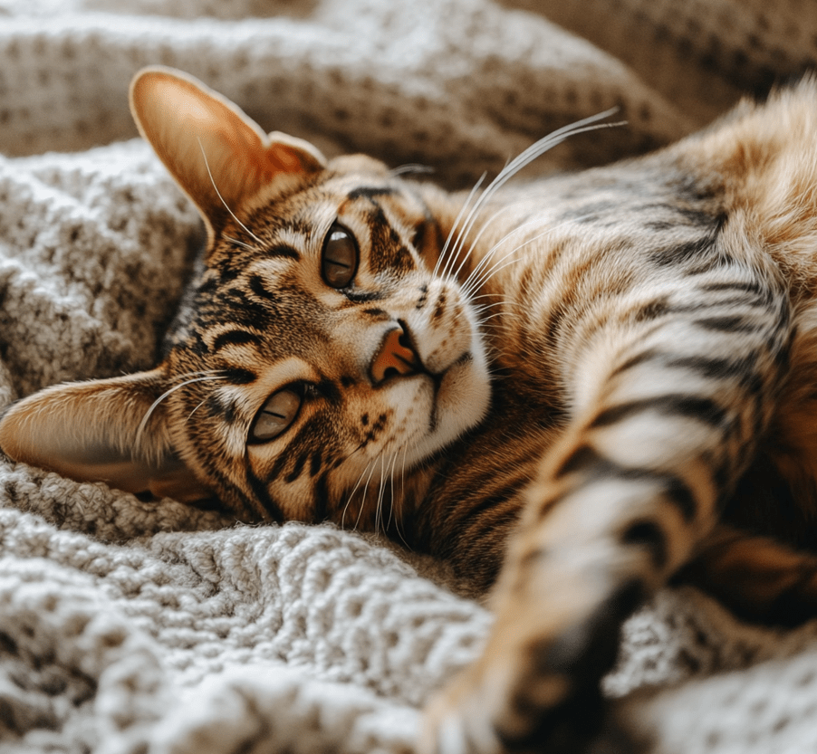 A Bengal mix cat lying on its side, showing asymmetrical coat patterns with spots on one side and marbling on the other.
