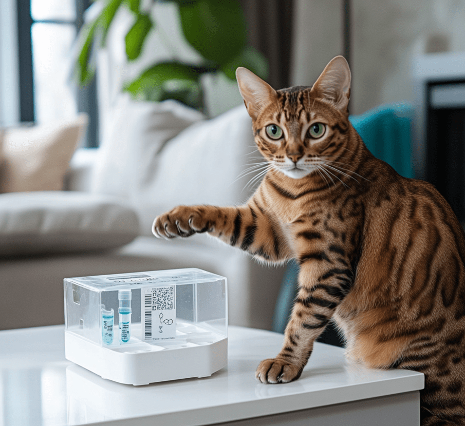 A DNA test kit placed beside a Bengal mix cat sitting curiously next to it.
