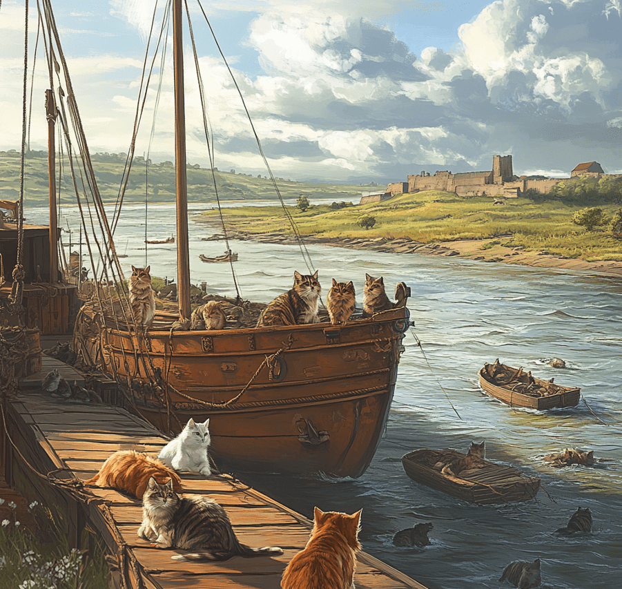 A historical depiction of Roman ships with cats on board and a blend of British countryside scenery to indicate their evolution.
