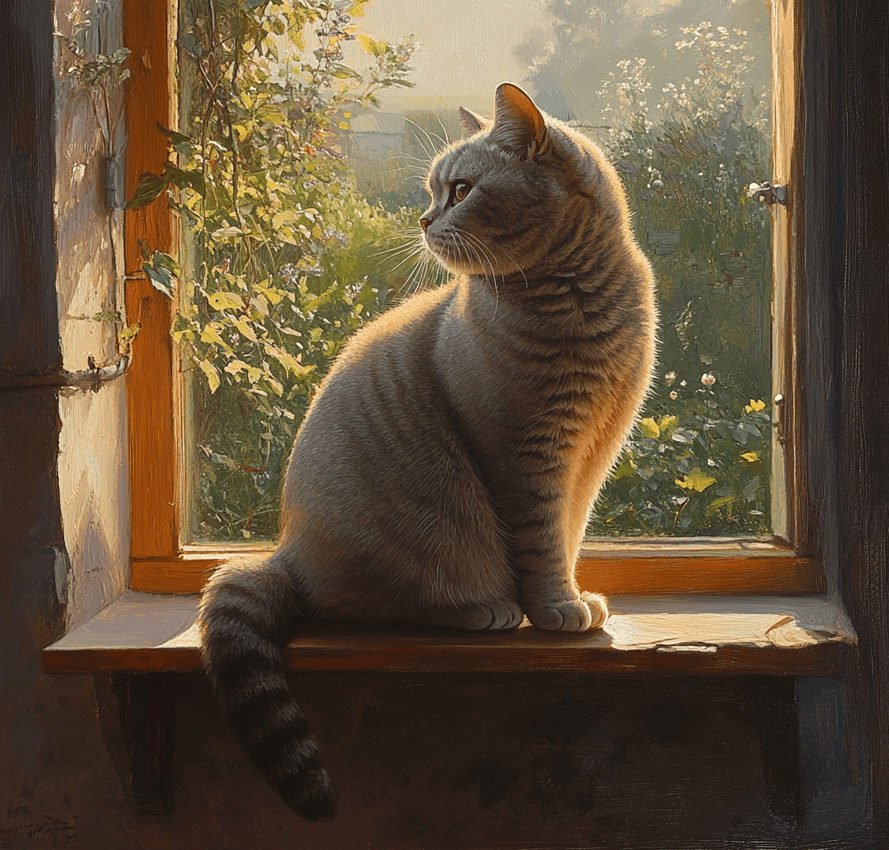 A British Shorthair cat sitting on a window ledge, observing the scenery with a relaxed posture.
