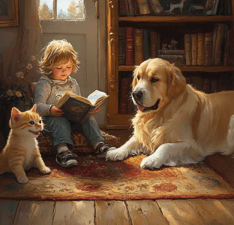 A British Shorthair cat sitting on a rug beside a friendly dog and a child reading a book.
