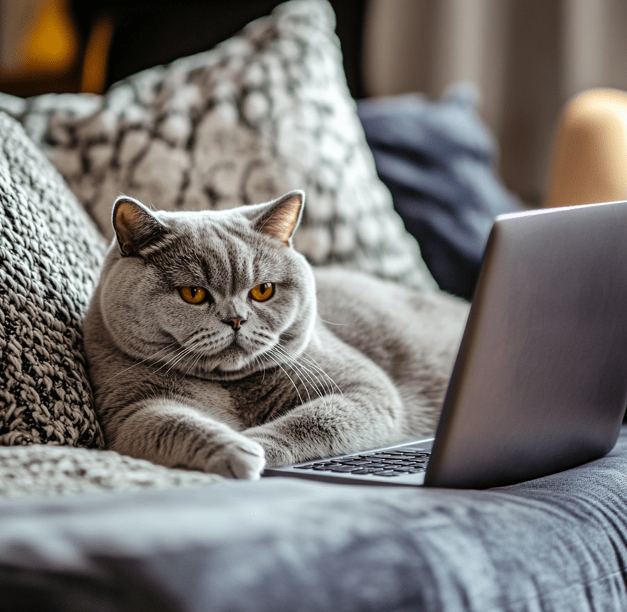 A British Shorthair cat lounging on a sofa beside its owner, who is working on a laptop.
