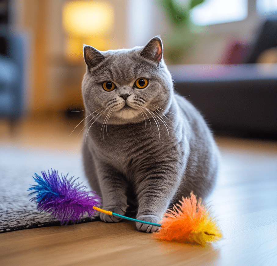 A British Shorthair cat playing with a feather toy in a living room, showing controlled enthusiasm.
