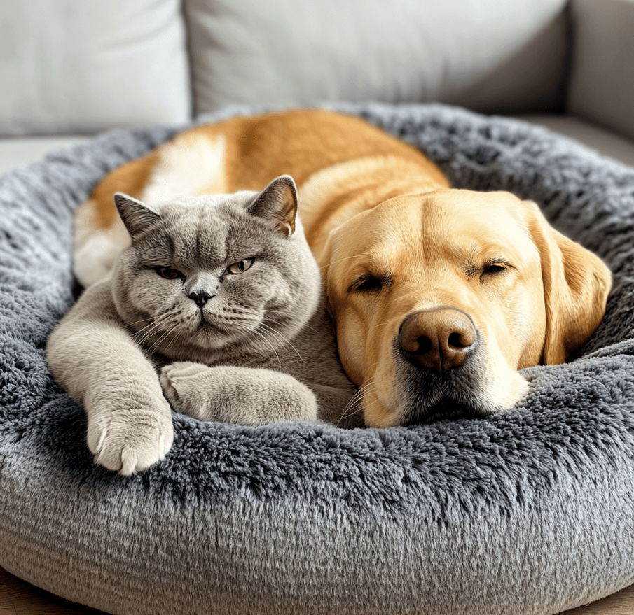 A British Shorthair cat curled up next to a friendly Labrador on a shared pet bed.
