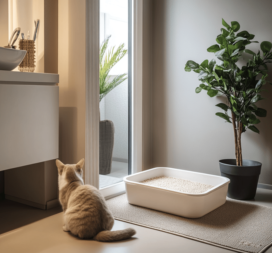 A clean, spacious litter box in a quiet corner of a modern home.
