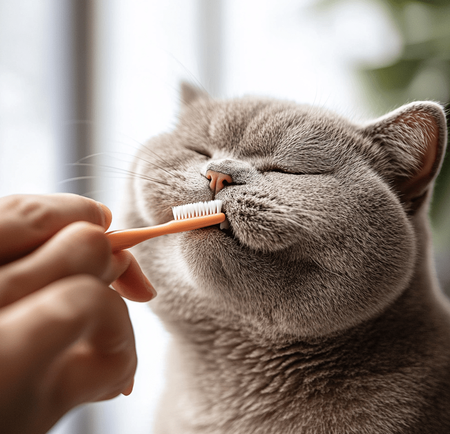  A close-up of a hand brushing the teeth of a British Shorthair cat using a finger toothbrush.
