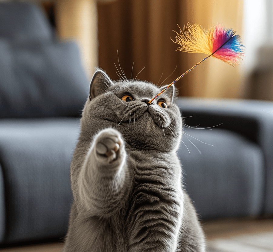 A British Shorthair cat playing with a teaser toy in a cozy living room.
