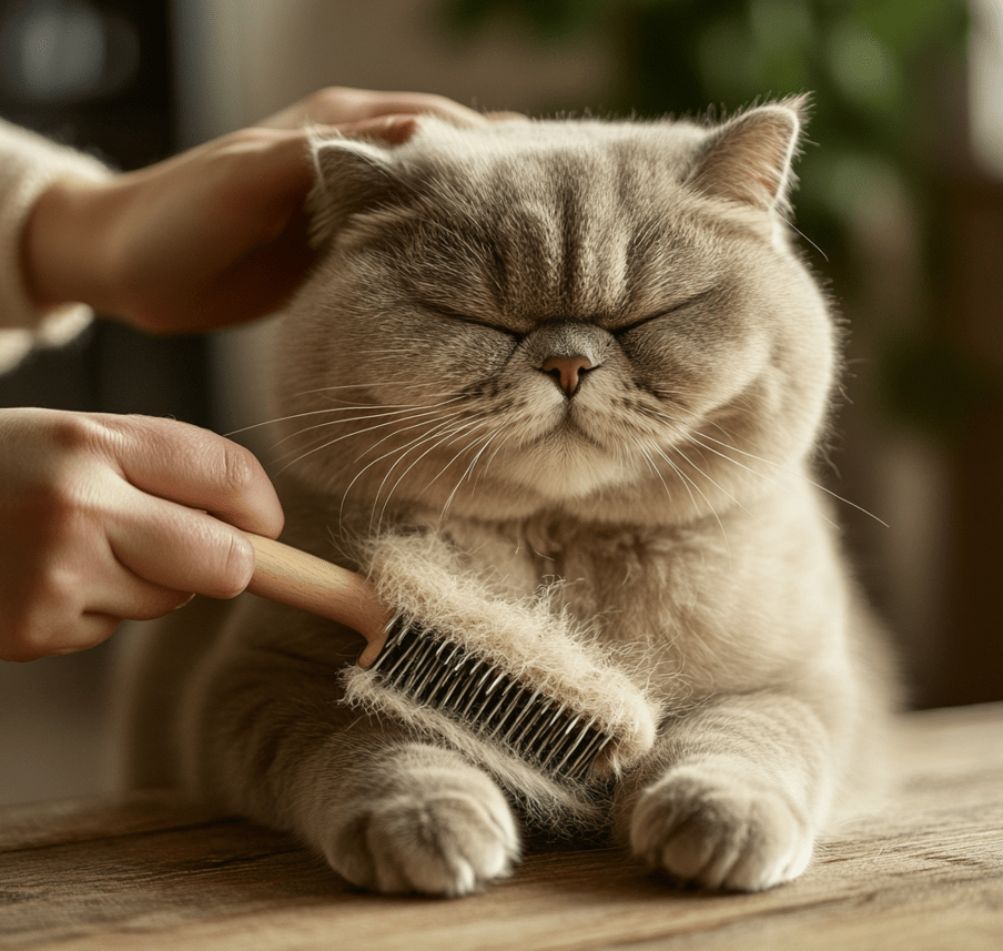 A person brushing the fur of a British Shorthair cat using a grooming brush.