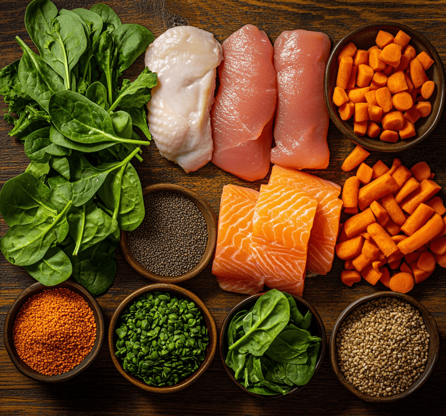 A flat lay of premium-quality cat food, featuring labeled ingredients like chicken, fish, and grains, alongside fresh produce like carrots and spinach.
