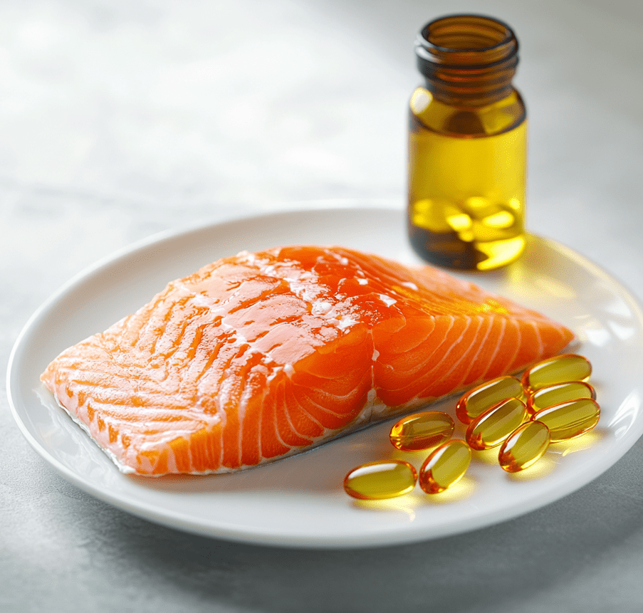 A close-up of a glossy fish fillet with a bottle of fish oil next to it, symbolizing omega-3 and omega-6 fatty acids.
