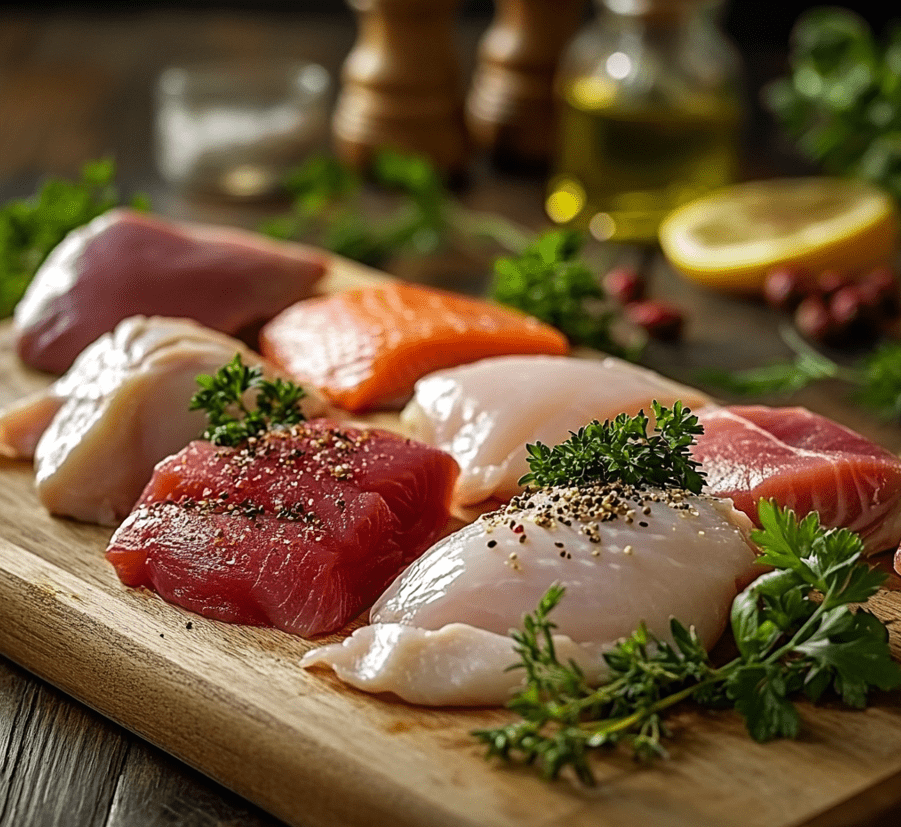 A selection of fresh raw meats like chicken, turkey, and fish on a wooden cutting board, surrounded by fresh herbs.
