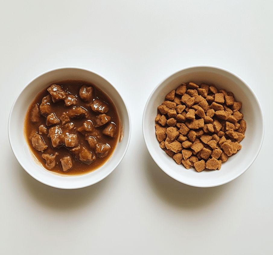 A side-by-side comparison of a bowl of wet cat food with visible chunks of meat and a bowl of dry kibble, arranged on a clean table.
