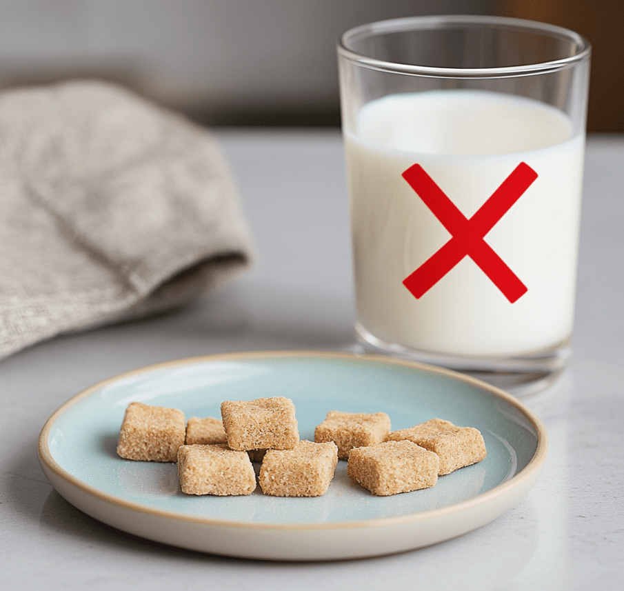 A small plate with natural, meat-based cat treats, accompanied by a glass of milk with an "X" over it to symbolize avoidance.
