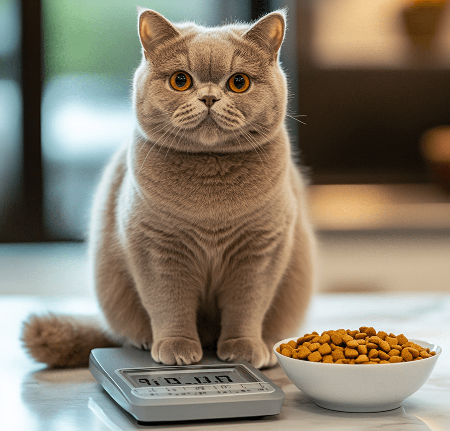 A weighing scale with a British Shorthair cat sitting on it, looking curious, and a bowl of measured cat food nearby.
