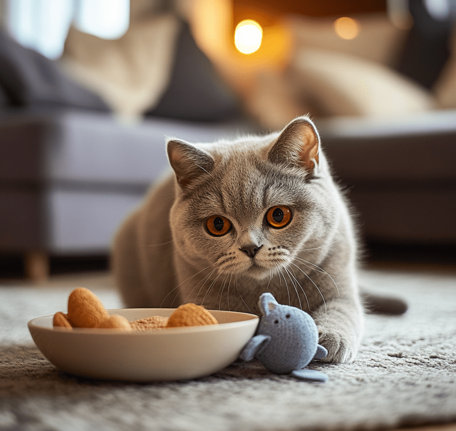 A happy British Shorthair cat playing with a toy mouse in a cozy home environment, with a bowl of food and fresh water nearby.
