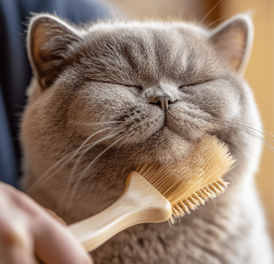 A person gently brushing a British Shorthair cat with a soft-bristle brush, with fur visibly collected on the brush.
