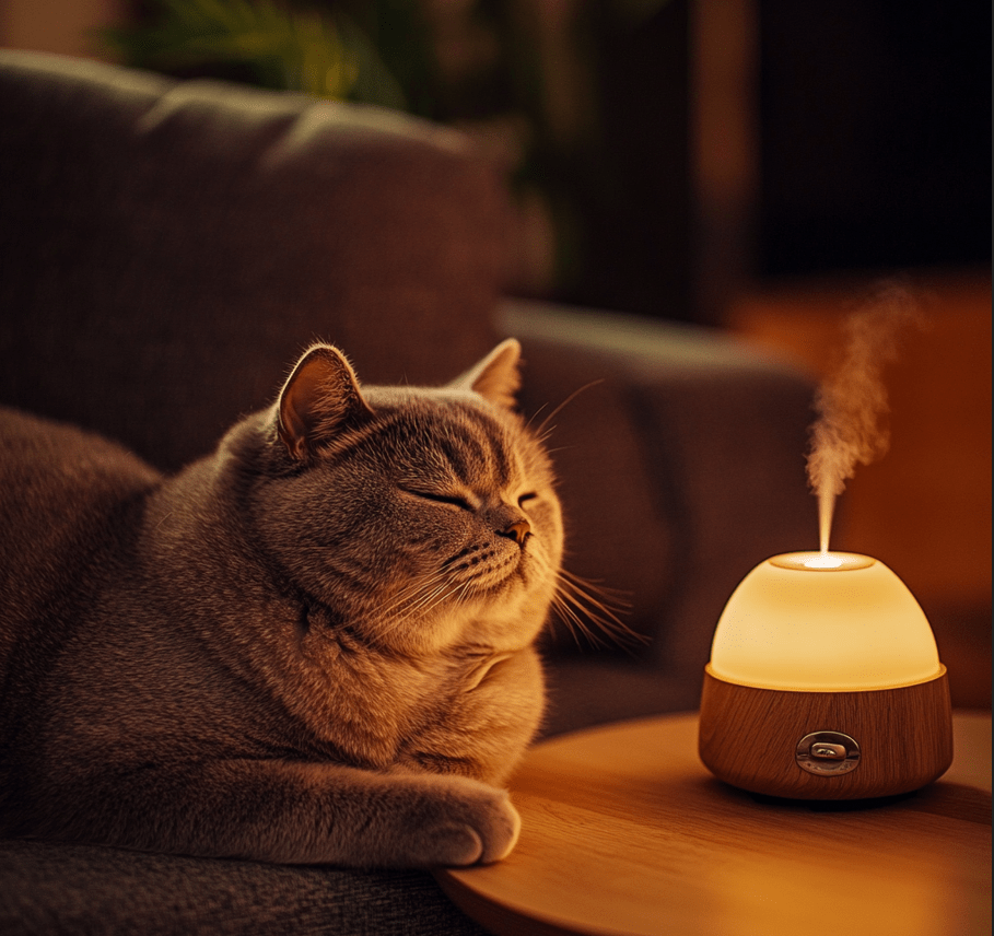 A relaxed British Shorthair cat lounging in a stress-free environment, with a calming diffuser or pheromone collar nearby.
