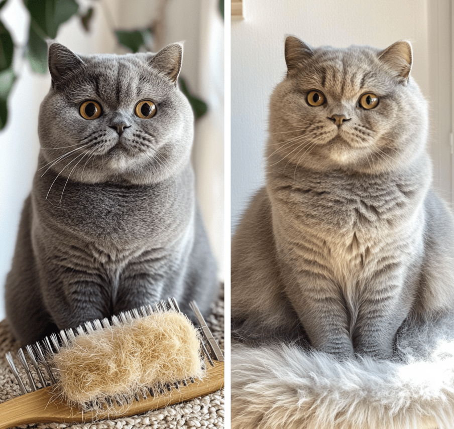 A seasonal comparison showing a British Shorthair cat shedding fur during spring and looking fluffy in winter.
