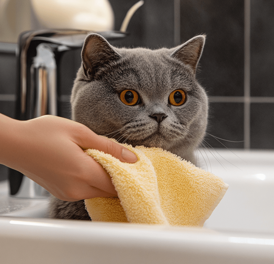 A British Shorthair cat being lightly wiped with a damp cloth instead of being bathed, in a gentle and clean environment.
