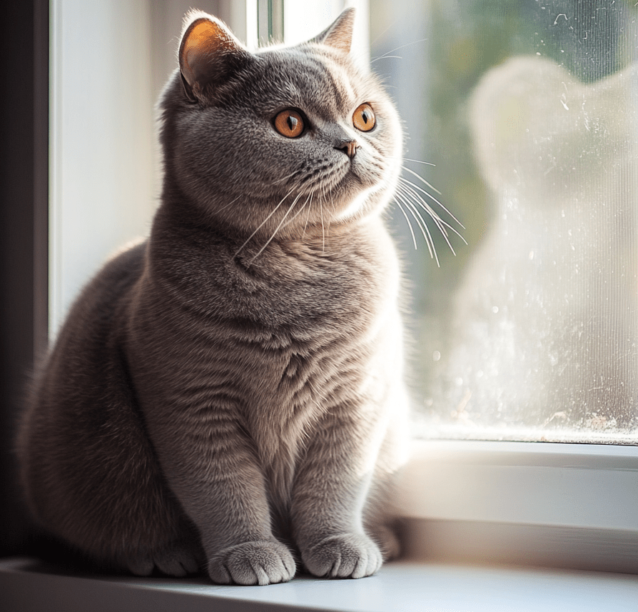 A British Shorthair cat sitting on a sunny windowsill, with some fur visible around it, symbolizing seasonal shedding.
