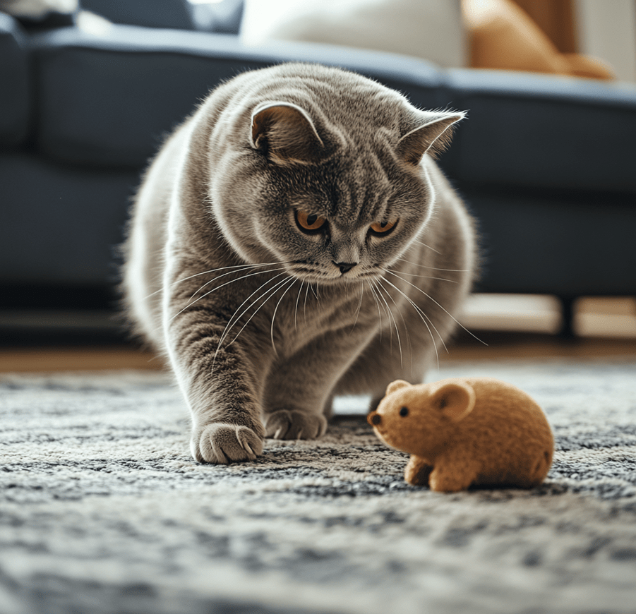 A happy, well-groomed British Shorthair cat playing with a toy, with a shiny coat that reflects its healthy state.
