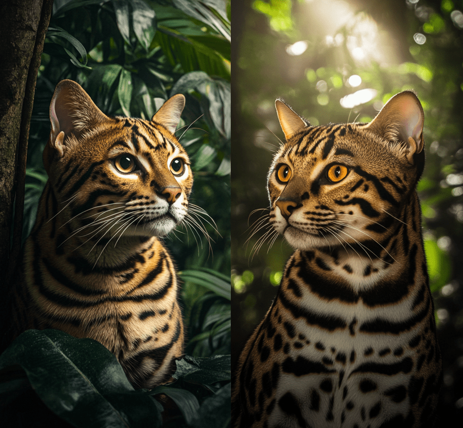 A Bengal cat in a natural environment, such as a lush forest, alongside an Asian leopard cat for comparison. 