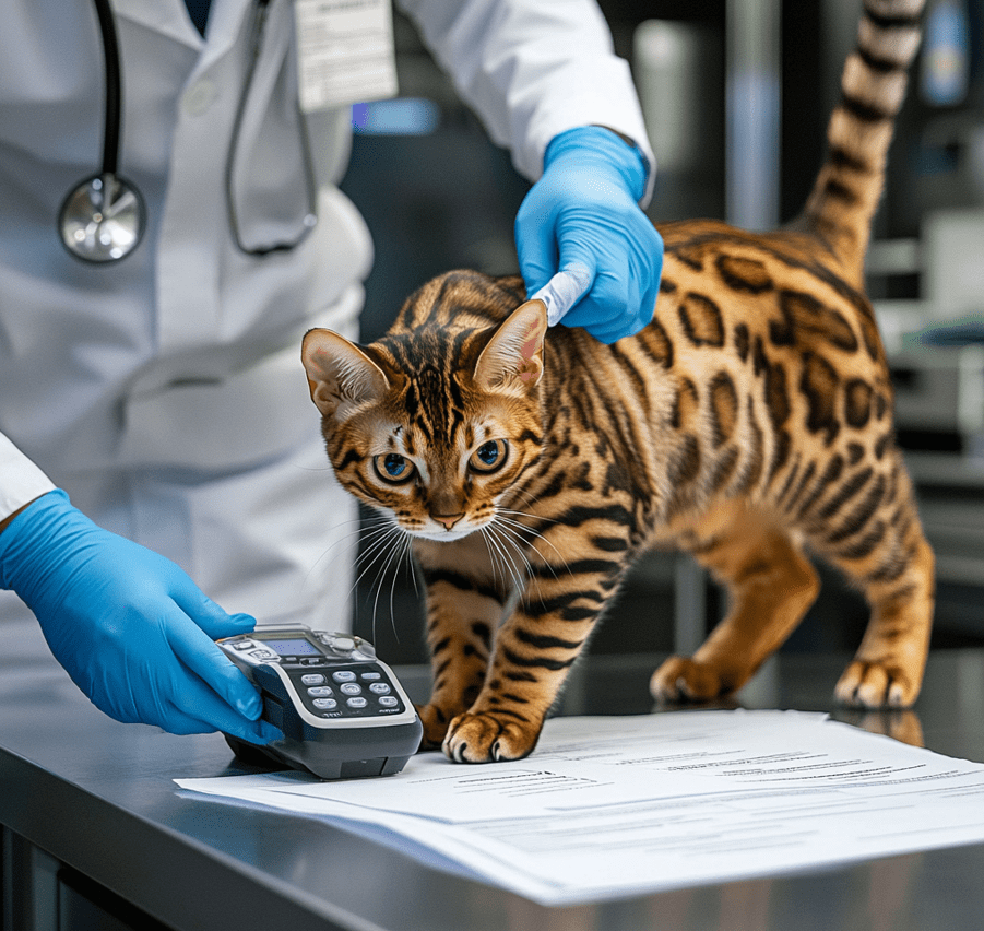 A veterinary official examining a Bengal cat, with documents and a microchip scanner visible on a desk.
